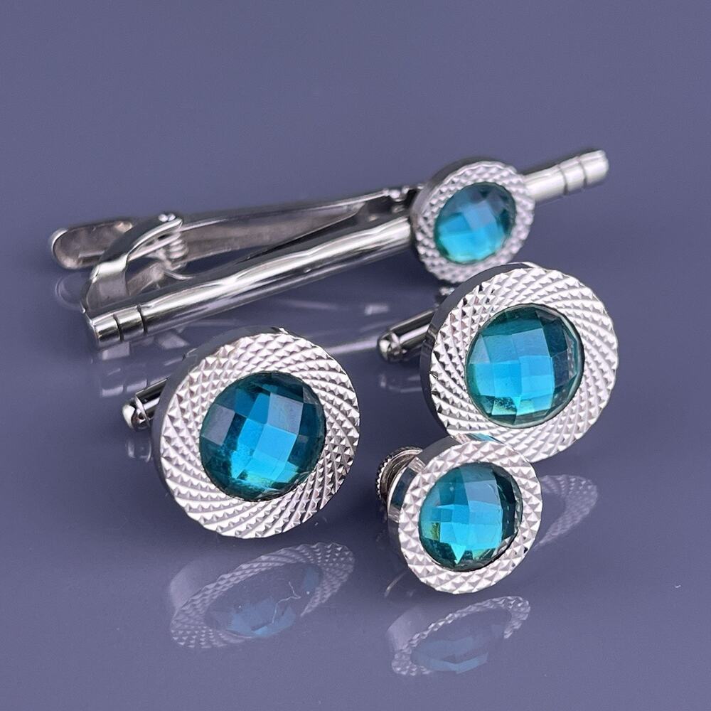 Round Blue Cut Rhinestone Cufflinks Tie Clip Pin Silver Tone Laser Cut Point VTG